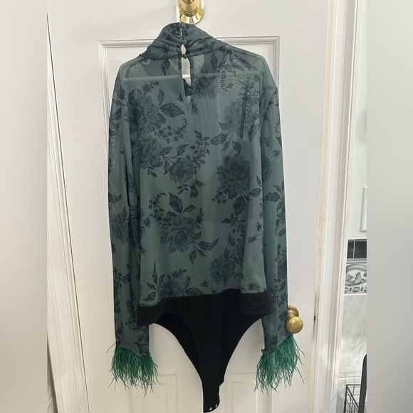 Anthropologie Floral Mesh Bodysuit with Feather Cuffs - Picture 12 of 13